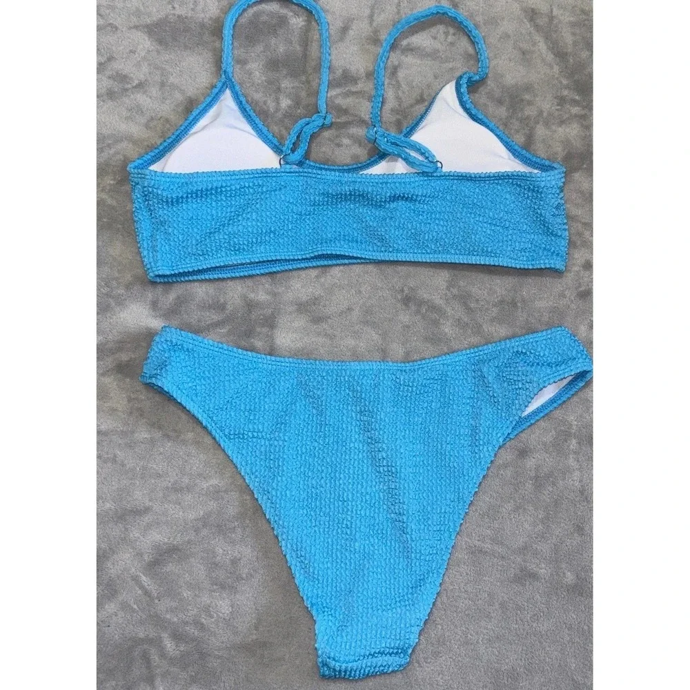 Womens Swimsuit Bikini Set Large Blue Popcorn‎ Texture Stretch High Leg Cheeky